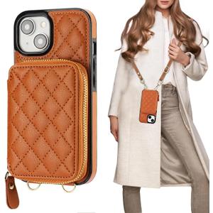 Bocasal Crossbody Wallet Case for iPhone 15, RFID Blocking PU Leather Zipper Handbag Purse Flip Cover, Kickstand Folio Case with Card Slots Holder Wrist Strap Lanyard 5G 6.1 Inch (Brown)