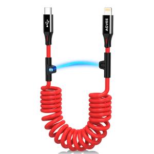 AGVEE 3ft Coiled Short USB-C to Lightning Charging Cable [MFI Certified] 30W PD Fast Charger Cord in Car for iPhone 14/13/12/11/XS/8/7/6/5 CarPlay, iPad, iPod, Red