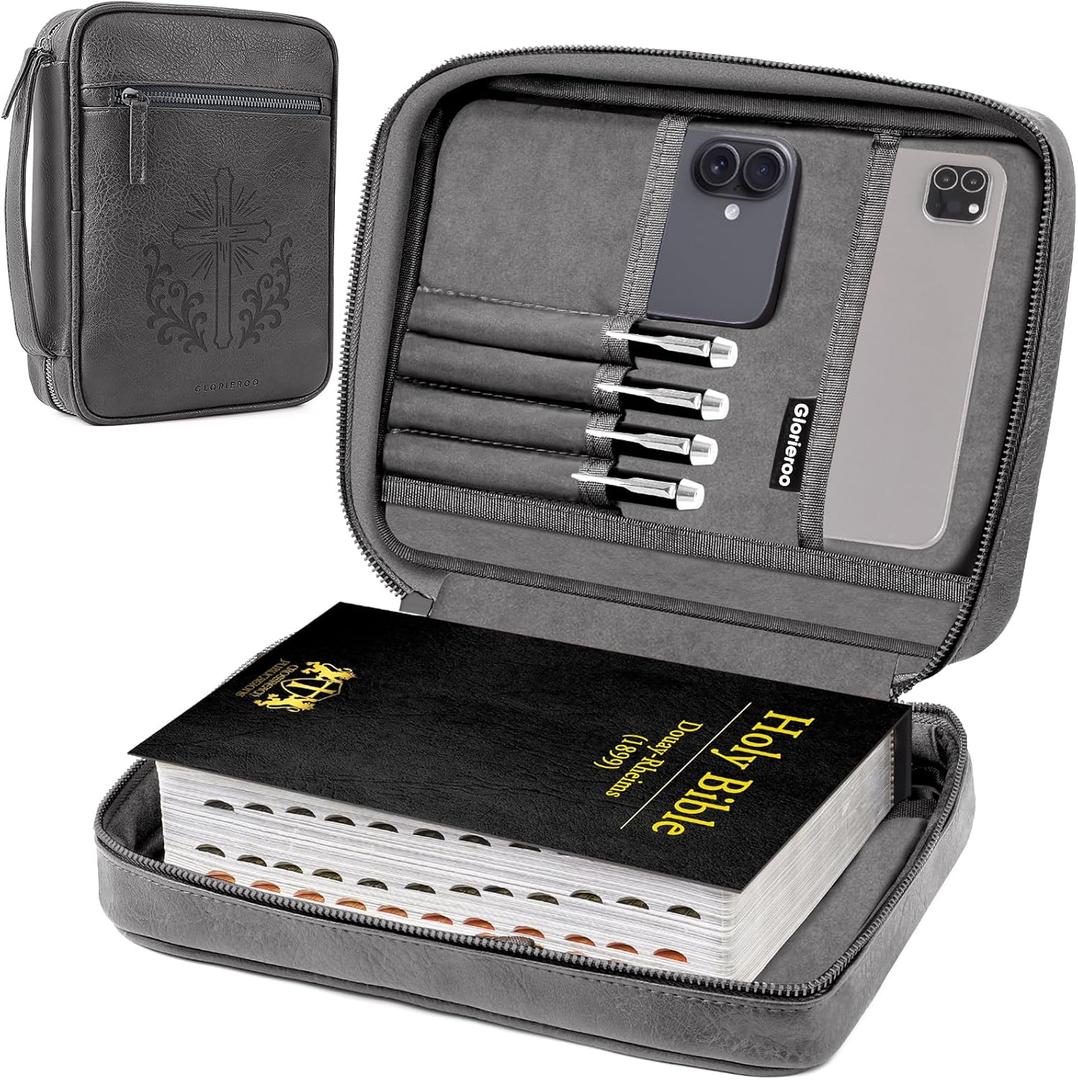 Bible Cover - Bible Case with Durable Handle, Men's Carrying Book Case Church Bag Bible, Fits Bibles up to 9" x 6.5", Protective with Zippered Pocket, Ideal for Father's Gift, Christian Gift (Gray)