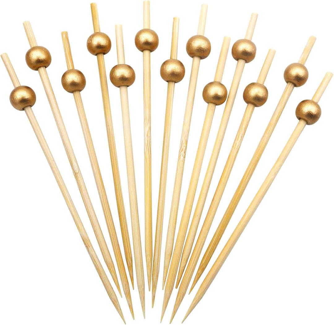 BLUE TOP Gold Pearl Cocktail Picks 4.7 Inch 200 PCS for Food Appetizer/Fruit/Cakes/Cheese/Burgers,Decorative long toothpicks for Parties,Bar,Event,Hotel,July 4th