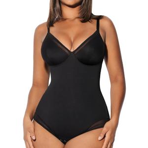 FeelinGirl Shapewear Bodysuits for Women Tummy Control Mesh Slimmer Body Suits Deep V Neck Body Shaper 2024 (X-Large, Black)
