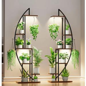 Plant Stand Indoor with Grow Lights, 6 Tiered Tall Plant Shelf, 63" Metal Plant Stand for Indoor Plants Multiple, Half-Moon Plant Rack Display Shelf, 2 Pcs Plant Holder for Living Room, Patio