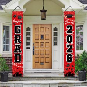 Graduation Decorations Class of 2026 Red - Porch Banner Door Sign for Front Door Outdoor Yard, Weather-Resistant Welcome Congrats Grad Hanging Flag, High School College Party Supplies