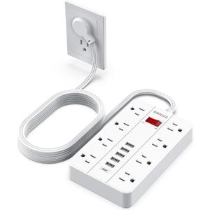 Power Strip Surge Protector, SMNICE Flat Plug Long Extension Cord 10 Ft with 8 Widely Spaced Outlets 6USB(1 USB C) Charging Station, Wall Mount for Dorm Home, Office Accessories,White