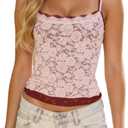 Women Y2k Lace Trim Camisole Spaghetti Strap Square Neck Sleeveless Slim Fitted Basics Going Out Tank Tops Shirts (Large, Pink)