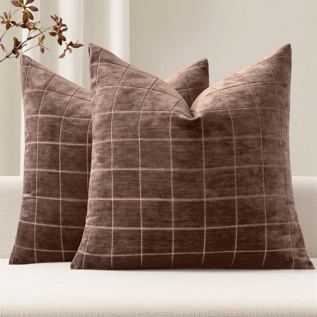 MIULEE Decorative Chenille Check Throw Pillow Covers Vintage Plaid Couch Pillows 20x20 Inch Set of 2 Neutral Boho Farmhouse Cushion Covers Modern Home Decor for Sofa Bed Living Room Reddish Brown