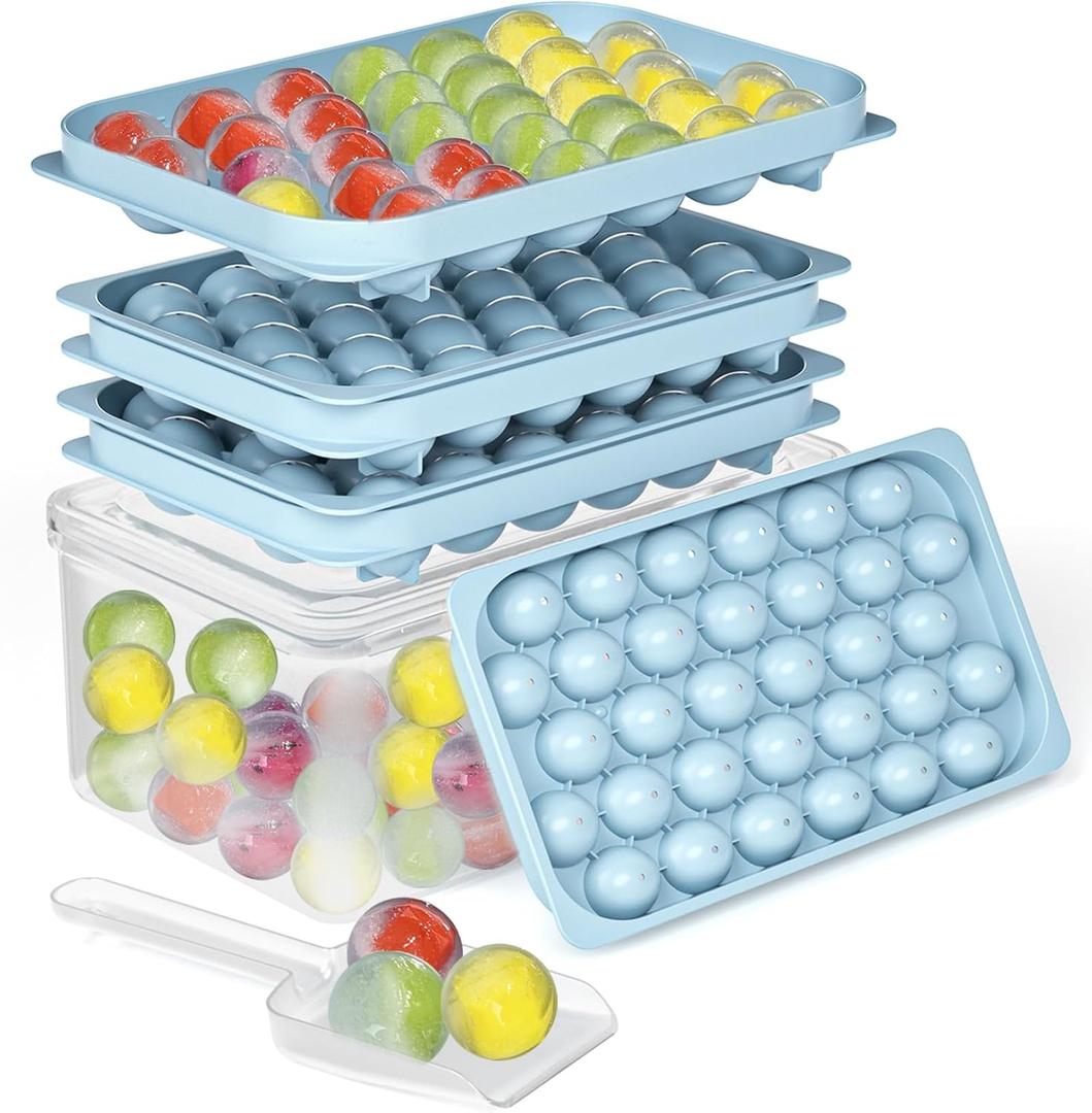 Ice Cube Trays with Lid and Bin, BPA-Free Mini 0.75 Inch Sphere Ice Molds, 2-Pack Small Round Ice Ball Trays, Easy Release, Includes Scoop & Ice Storage Box for Cocktails, Coffee 
