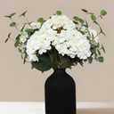 Real Touch White Faux Hydrangea Flowers 5 Heads With Eucalyptus Stems Greenery, Large Floral Arrangements, Hyper Realistic Artificial Flowers, White Centerpieces For Kitchen Dining Coffee Table Decor