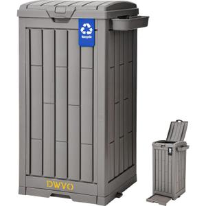 DWVO 38 Gallon Outdoor Trash Can, Resin Garbage Bin with Lid, Includes 2 Sorting Labels, Ash Holder, Stakes & Suction Cups, Hideaway Storage for Patio Backyard Garden, Light Brown