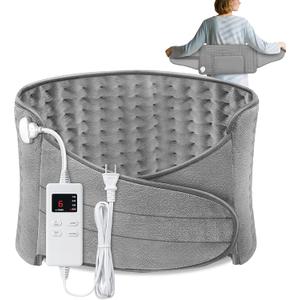 Heating Pad Back Pain Relief Electric Heating Pad for Period Cramps Lower Back Neck Shoulders Pain Relief 6-Hour Auto Off 12x24 Heated Pad + 20" Belt 4 Timer 6 Heat Level Wrap (Gray)