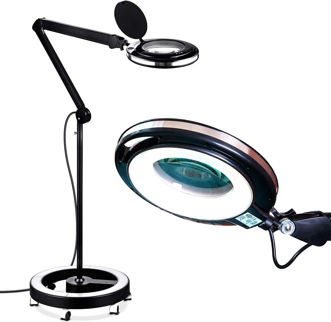 Brightech Lightview Pro Magnifying Glass with Stand & Light, Magnifying Floor Lamp with 6-Wheel Rolling Base for Facials & Lashes  Dimmable LED Work Light for Crafts, Sewing, and Projects - 5 Diopter (Black)