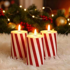 Baquler 3 Pcs Christmas Flameless Candles Candy Cane LED Pillar Candle Peppermint Glitter Stripe Red and White Battery Operated Candlestick for Xmas Party Holiday Table Centerpiece Home Decoration