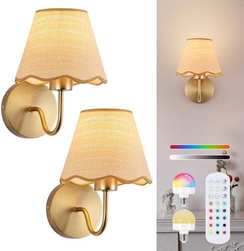 ADISUN Battery Operated Wall Sconce Set of 2, Gold Wall Lamps Rechargeable Bulbs for Living Room, Rattan Shade Wireless Wall Lights for Bedroom Living Room Hallway Kitchen(2 Bulbs Included)(Incopmplete set)
