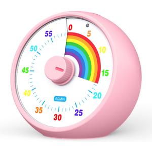 Visual Timer for Kids, 60-Minute Countdown Timer for Classroom Office Kitchen, Desk Timer Kids Time Management Tools with Silent Operation, Pomodoro Time Rainbow Pattern(Pink)