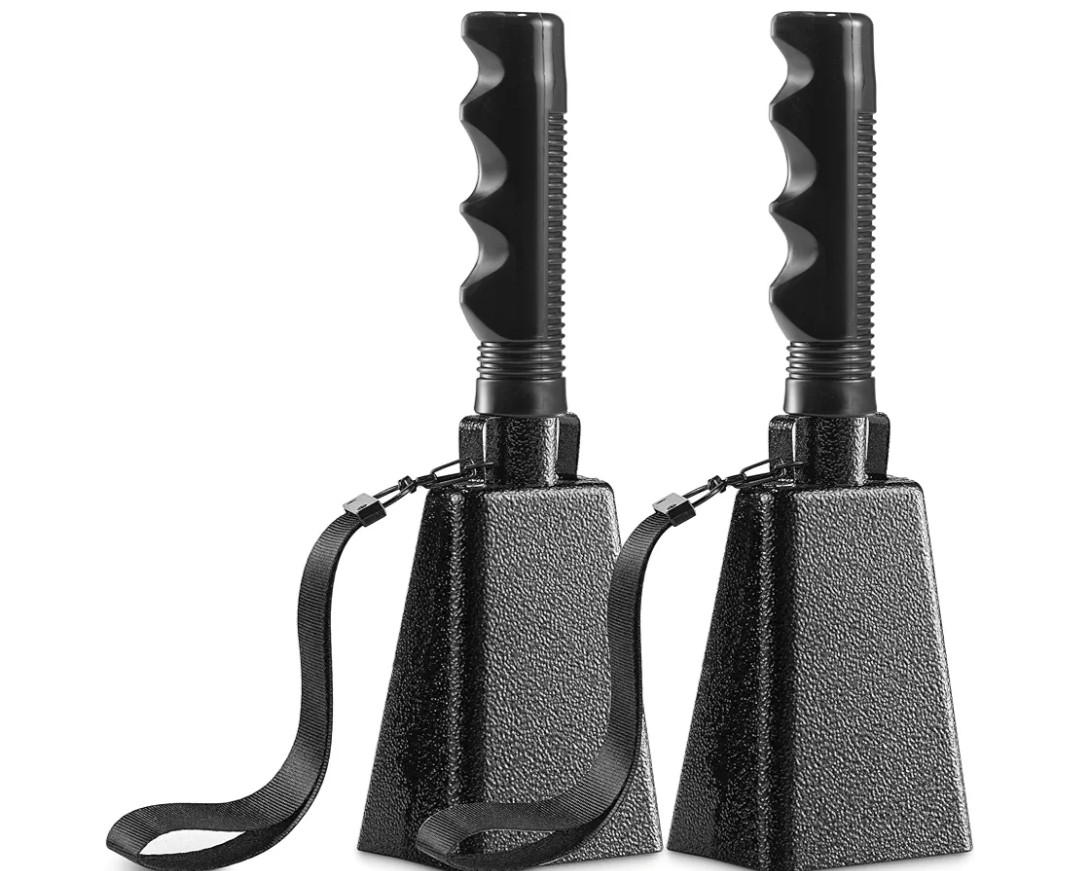 9" Metal Cowbells with Handle - (2 Pack) Cow Bells Loud Cheering Noise Makers for Sporting Events, Football Games, School Spirit, Rallies & Celebrations - Black Steel Percussion Music