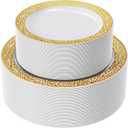 FOCUSLINE Gold Plastic Plates Set of 102, Disposable Plates with Gold Lace 51 Dinner Plate 10.25 Inch & 51 Salad Dessert Appetizer Plate 7.5 Inch, Elegant Fancy Heavy Duty Wedding Party Plates