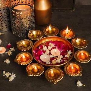 Urli Bowl 14 Inch 12 Diya Holder Indian Diwali Decorations Floating Flowers and Tea Light Candle Holder Pooja Navratri