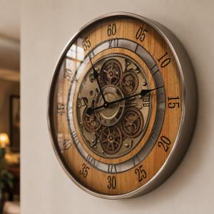 HOIBAI 24" Large Wall Clock with Natural Fired Wood & Metal