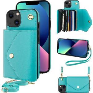 KIHUWEY Compatible with iPhone 13 Crossbody Wallet Case, PU Leather Purse Case with RFID Blocking Card Holder Detachable Wrist Strap Kickstand Cover for iPhone 13 6.1inch-(Mint Green)