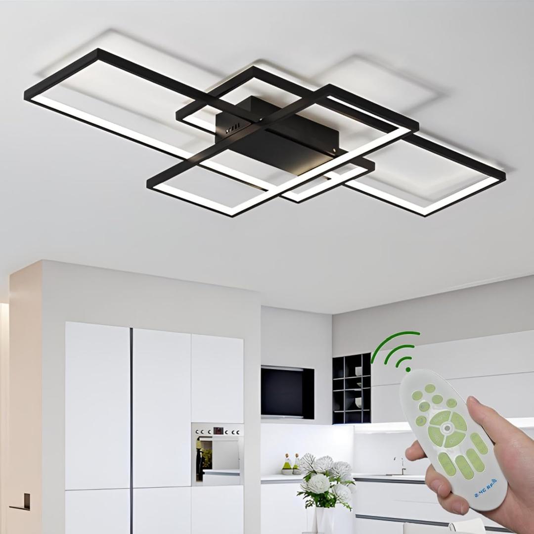 Modern Dimmable LED Ceiling Light Fixture,with Remote Control 3 Color Selectable Flush Mount Ceiling Lamp Ceiling Lights for Sitting Room Kitchen Bedroom(Black, 35.4 * 19.7 * 2.5 in)
