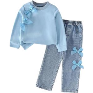 Kids Toddler Girl Long Sleeve Bow Sweatshirt & Denim Straight Leg Jeans Pants Fall Winter Outfits Set (4-5T, Blue)