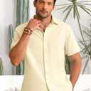 Runcati Mens Button Down Linen Shirts Short Sleeve Casual Summer Beach Tops (Beige)