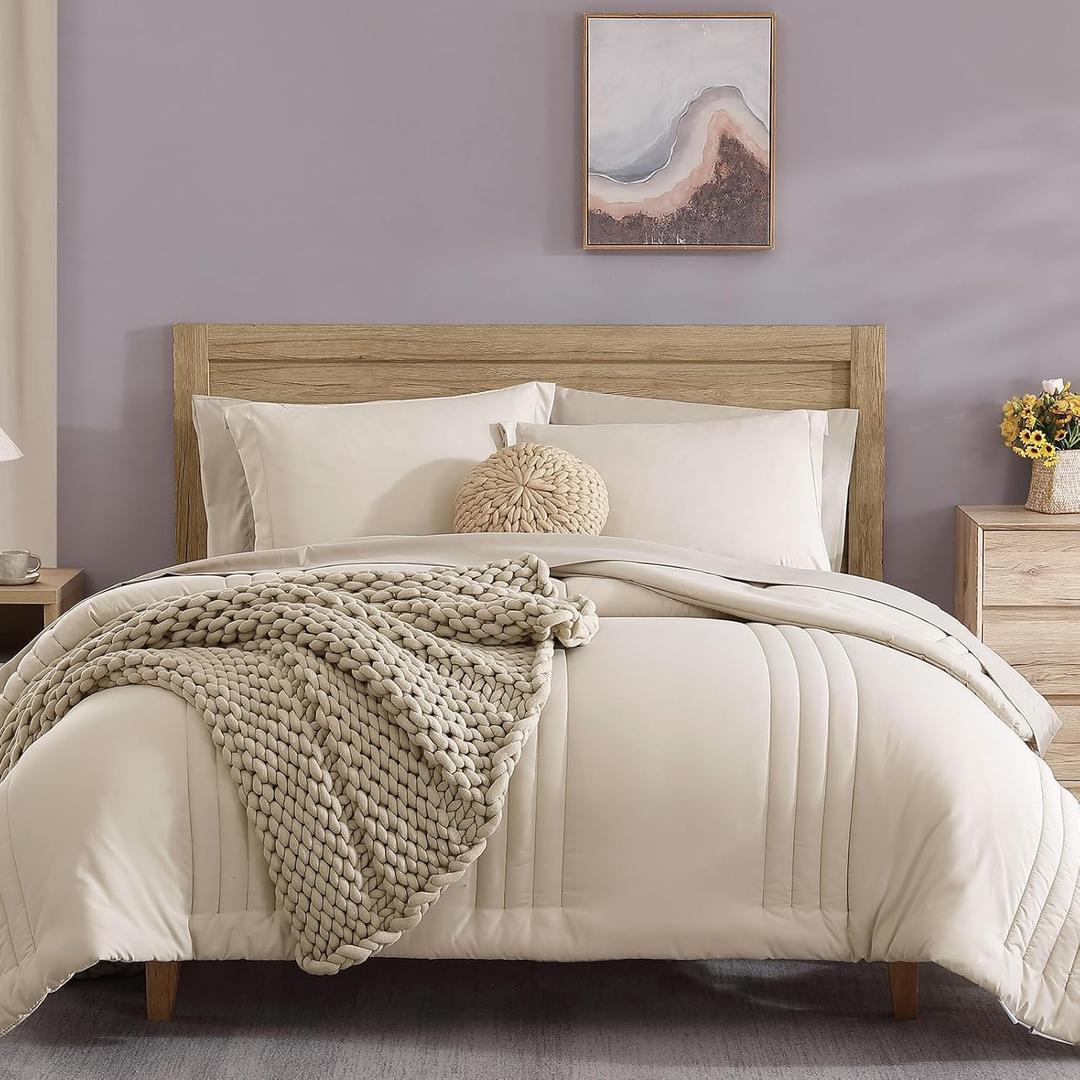 Monbix California King Size Comforter Set - 7 Pieces Bed in a Bag California King, Beige Bedding Sets with Comforter, All Seasons Down Alternative Comforter Bed Set with Sheets, Pillowcases & Shams (7Piece-CK(108*92))