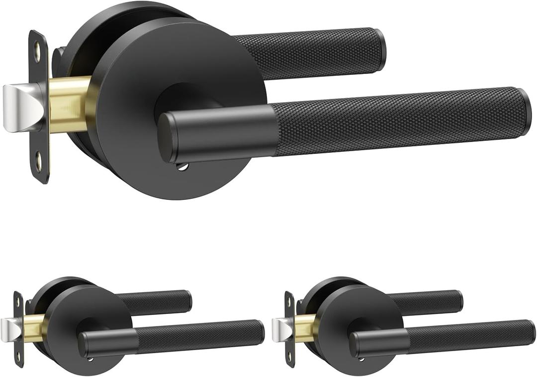 Amerdeco 3 Pack Matte Black Door Handles Interior, Knurled Privacy Door Handles with Lock,Heavy Duty Black Door Lever for Bedroom or Bathroom,Reversible Keyless for Left Right Handed Doors