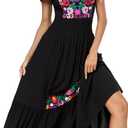 Women's Summer Maxi Dress Casual Floral Embroidered Round Neck Short Sleeve Ruffle Tiered Dress Flowy Boho Beach Sundress (Black, S)