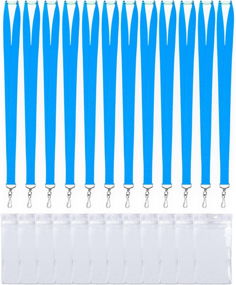 12 Pack Bright Neon Sky Blue Lanyard with Thick ID Badges Holder, Breakaway Lanyard for ID Badges, Neck Straps for Adult, School, Work (Neon Sky Blue,12Pack)