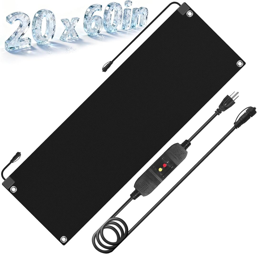 20x60in Heated Snow Melting Mats,No-Slip Rubber Heated Outdoor Mats,Snow and Ice Melting Mats for Winter Outdoor Stairs,Steps,Doorways,Walkways,Driveway,3 in/h Melting Speed, Black