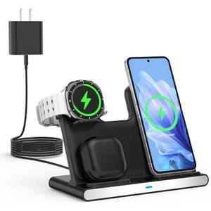 Samsung S25 Wireless Charger Station,3 in 1 Wireless Charger for Samsung Galaxy S25 Ultra/S24/S23/Z Fold/Flip 7/6/5,for Galaxy Watch 8/7/6/5/Pro,buds, Charging Station for iPhone 17/16/15 with Adapter