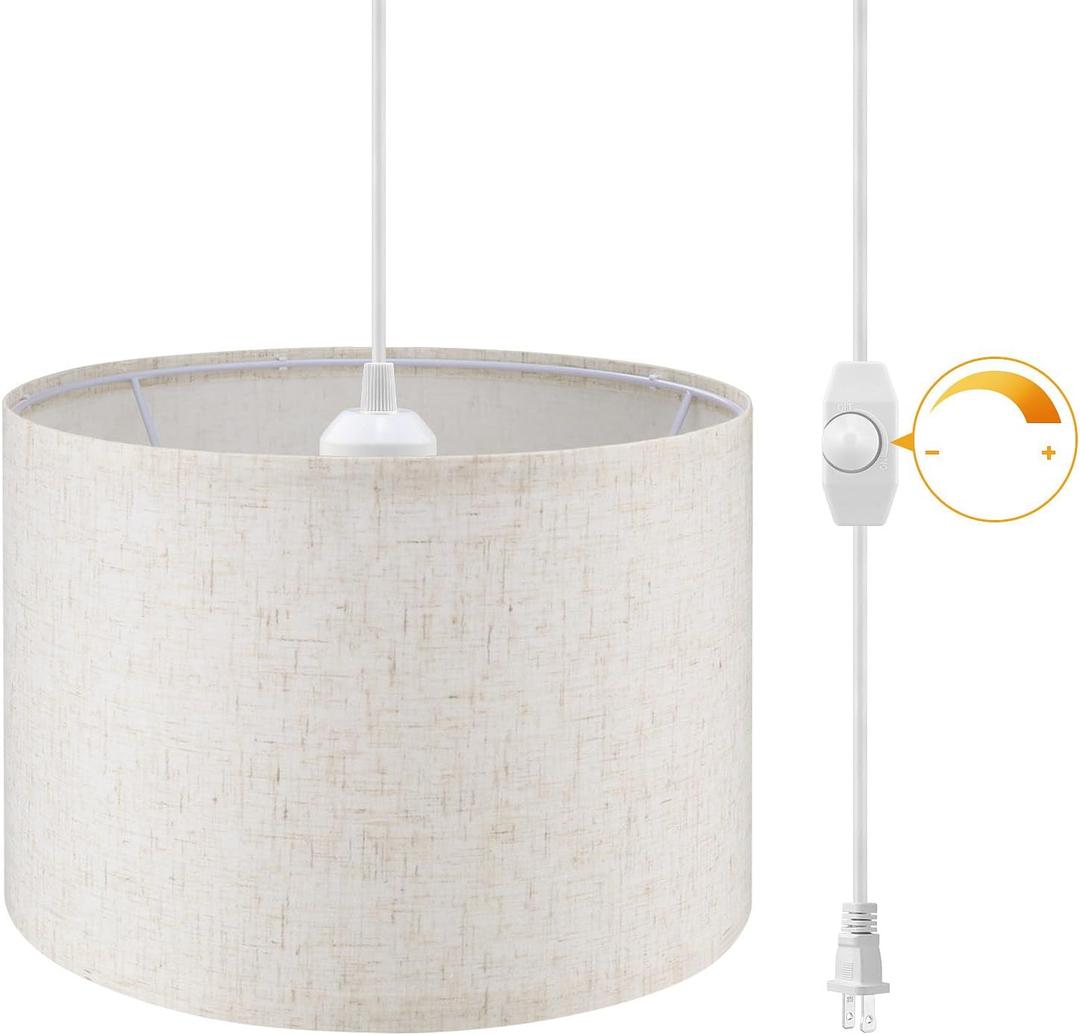 WimiSom Plug in Pendant Light,15 FT Hanging Lamp with Plug in Cord, Dimmable Switch, Pendant Lighting with Fabric Shade, Hanging Light Fixture for Living Room, Bedroom, Dining Room, Kitchen