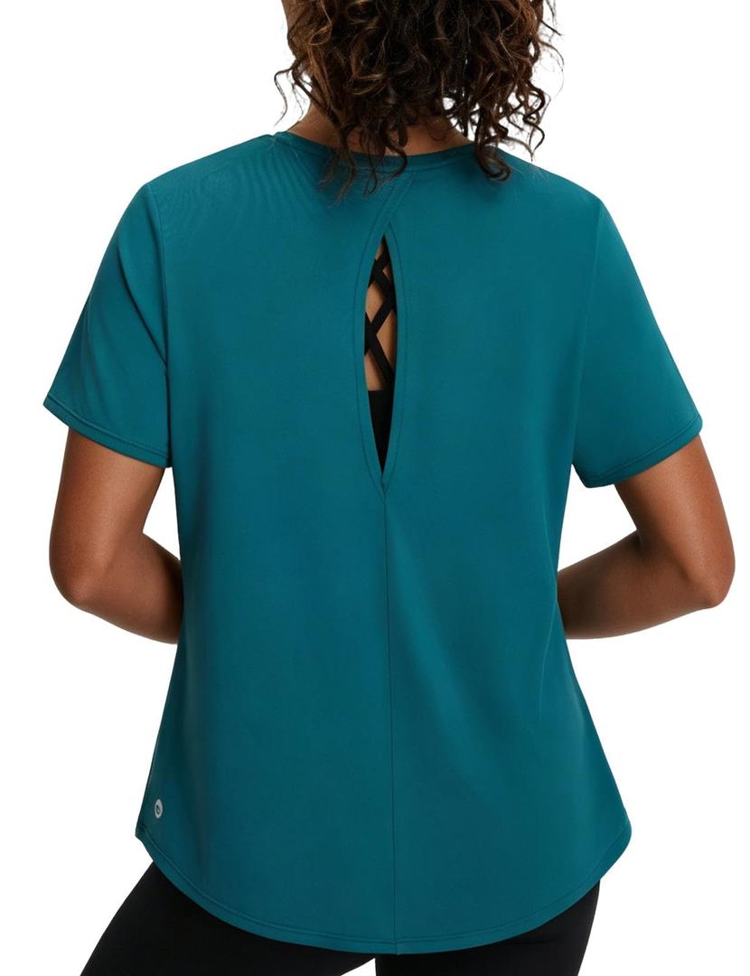 baleaf Women's Open Back Yoga Top Short Sleeve Shirt Blue XS (XS)