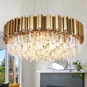 W27.6 Plated Gold Chandelier Modern Crystal Chandeliers for Dining Room Bedroom Foyer Kitchen Light Fixture Contemporary Round Chandelier Raindrop Pendant Ceiling Lights 8-Light