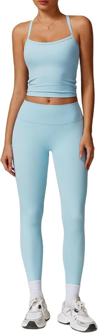 2 Piece Workout Sets for Women High Waisted Seamless Butt Lifting Leggings Gym Yoga Outfit Stretchy Sports Bra Set (Blue, S)