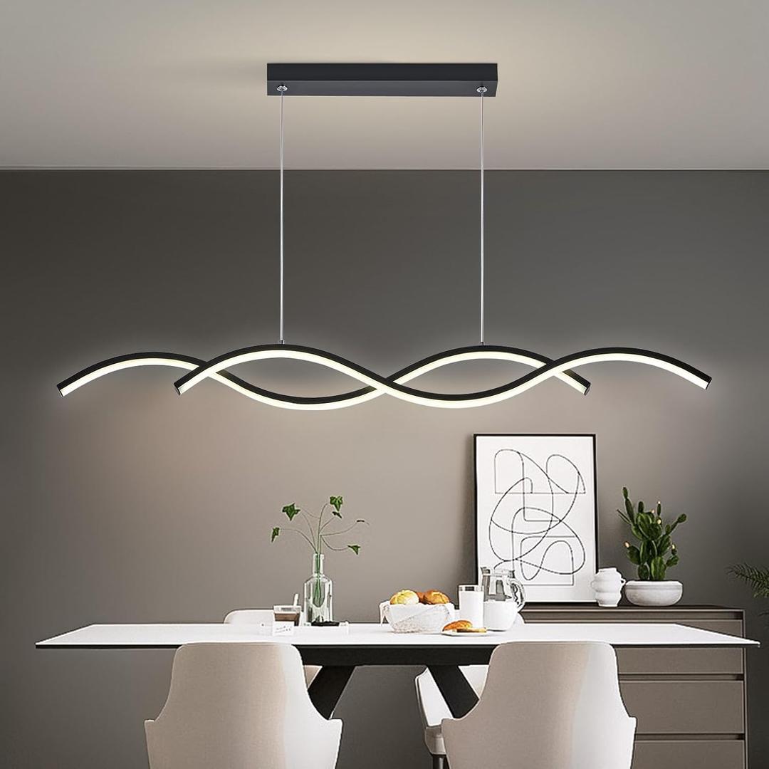 Modern LED Chandelier 31.49in Waving Linear Pendant Light Dimmable 3000K-6000K with Remote Control Hanging Island Light Fixture for Dining Room Living Room