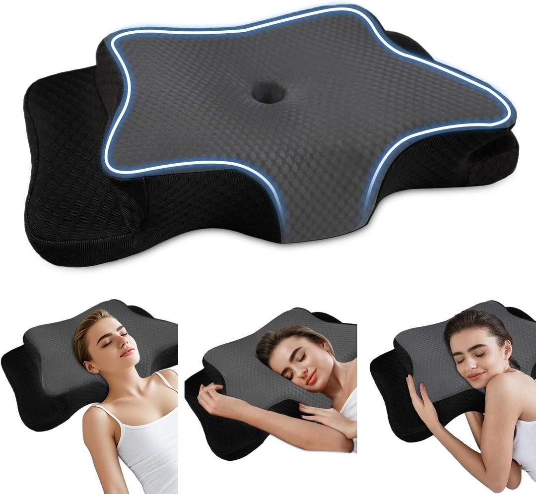 Pain Relief Cervical Pillow for Neck Support, Adjustable Ergonomic Pillow Cozy Sleeping, Odorless Orthopedic Memory Foam Pillows, Contour Bed Pillow for Side Back Stomach Sleeper (Queen Size-24.8''Lx14.96''Wx5.78''H, Black&grey)