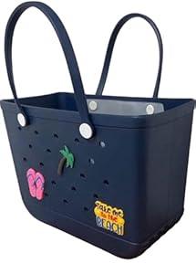 XL Waterproof Rubber Beach Tote Bag with Drainage Holes –Stylish Rubber Bag with Charms for Sand-Free Beach, Pool & Lake Days (Navy Blue)
