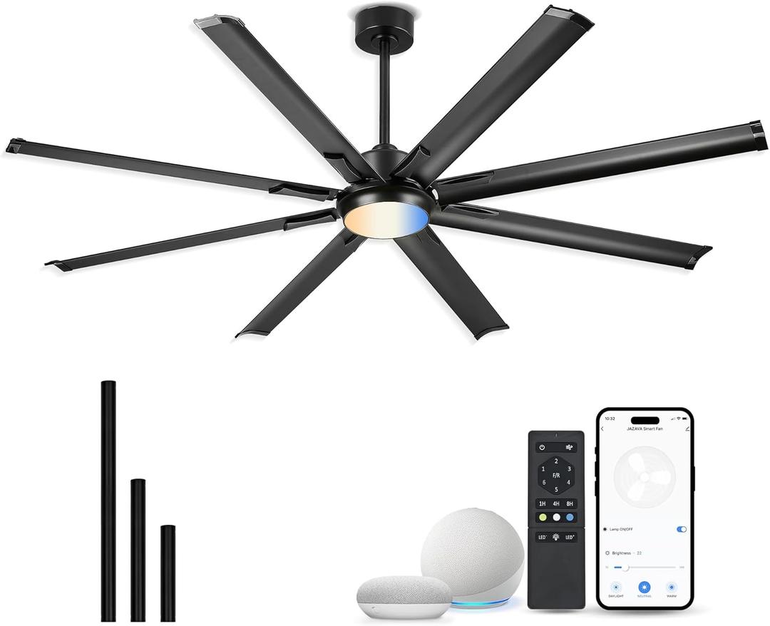72 Inch Ceiling Fan With Light,Industrial Ceiling Fan With 8 Aluminium Metal Blades,Smart Fan Work with Alexa,Garage Indoor Fan For Living Room and Patio,CF04BK-72 (Matte Black)
