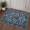 YIHOUSE Floral Blue 2x3 Washable Entryway Rug, Non Slip Boho Soft Bedroom Rug, Ultra Thin Small Colorful Throw Carpet for Entry Indoor Front Door Mat Dark Blue,2'x3'