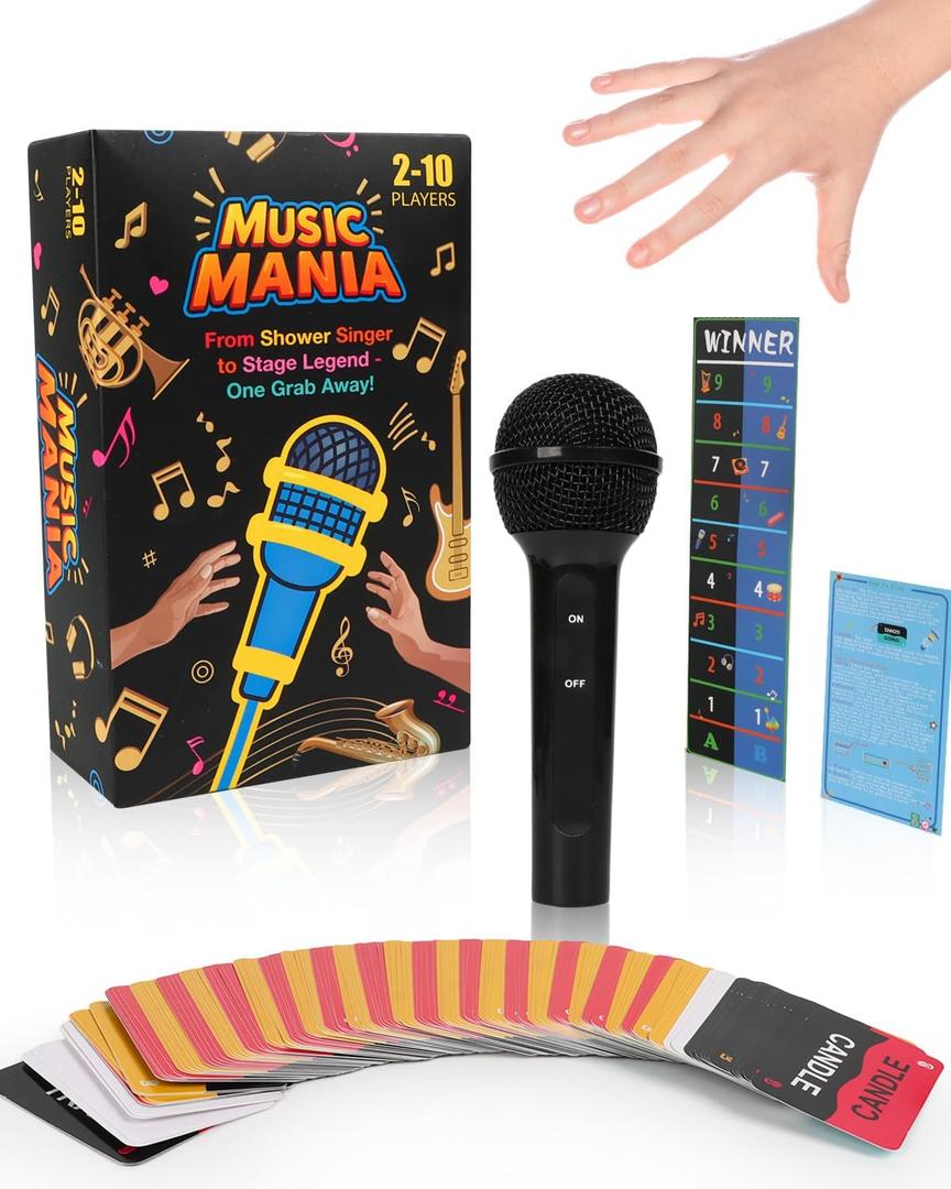 Grab Microphone Music Board Game, Drop the Karaoke Mic Party Games for Adults, Family, 2-10 Players - Hilarious Singing Trivia with 280 Song Lyrics (140 Cards) and 10 Blank Cards for Game Night, Gift (Black)
