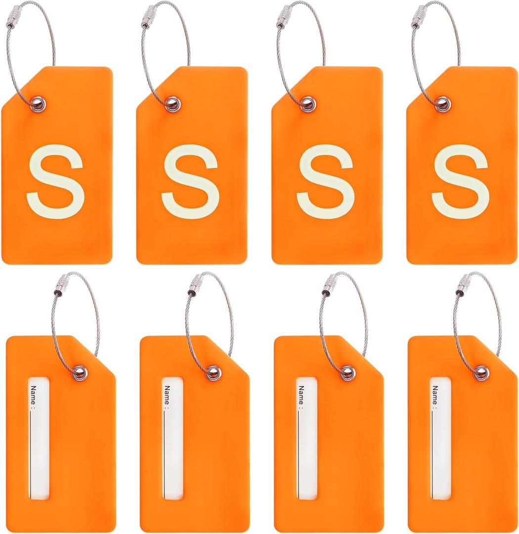 PATIKIL Initial Luggage Tags, 8 Pcs Silicone Suitcase Tag Identifier ID Card Holder Unique Luggage Name Tags with Stainless Steel Loop, Letter S, Orange
