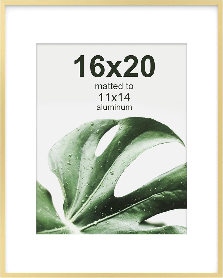 FrameWorks 16x20 with 11x14 Mat  Brass Gold Deluxe Modern Aluminum Picture Frame with Tempered Glass and Removable Mat