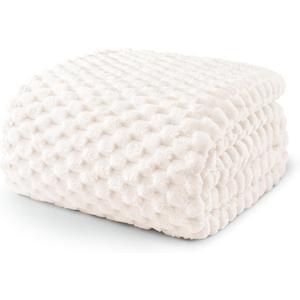 Exclusivo Mezcla Queen Size Fleece Blanket for Bed, 90x90 Inches Stylish Jacquard Velvet Soft Blanket, Fuzzy Cozy Lightweight for Winter, Ivory