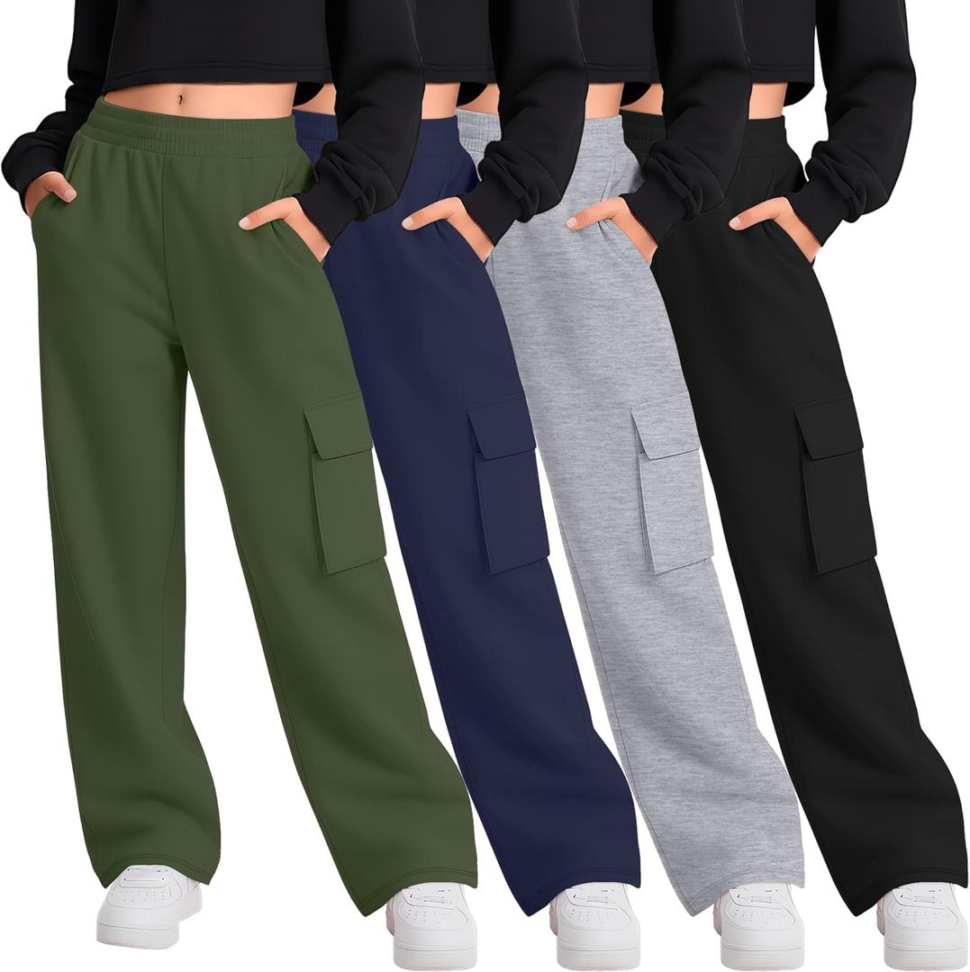 LessonZoo 4 Pack Girl's Wide Leg Sweatpants with Cargo Pockets Baggy Elastic High Waist Pants Kids Casual Athletic (Army Green, Navy, Light Heather Gray, Black, 13-14 Years)