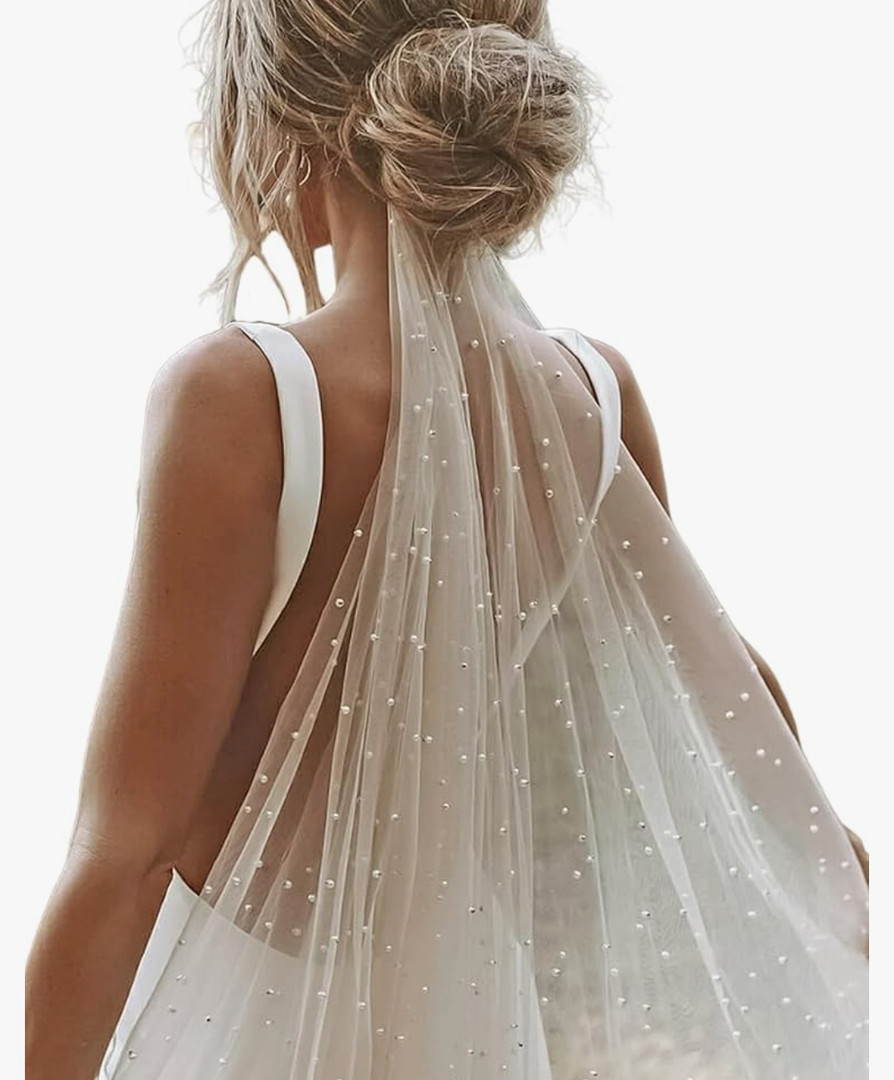 Pearl Wedding Veil Short Bridal Veil White Mini Veils Non-slip Fingertip Tulle Hair Accessory for Brides Women Bridal Shower Bachelorette Party 114inch