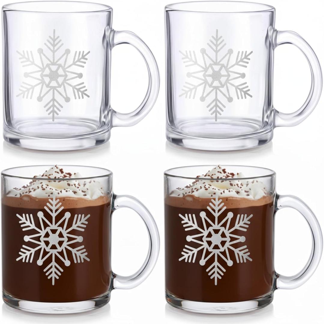 Suclain 4 Pcs Winter Snowflake Glass Mug with Handle 12 oz Christmas Glass Coffee Mugs for Hot Cold Drinks Silver Snowflake Coffee Cups for Tea Winter Xmas Gifts Party Supplies (Sliver)