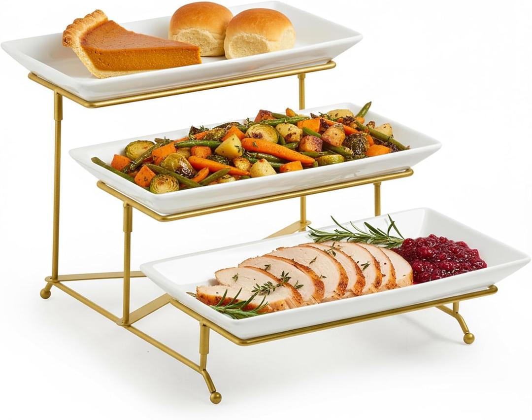 LAUCHUH 3 Tier Serving Stand Porcelain Serving Platter Tier Serving Trays with Collapsible Sturdier Rack, Serving Dishes and Platters for Thanksgiving, Christmas, Entertaining, Gold, 12 Inch