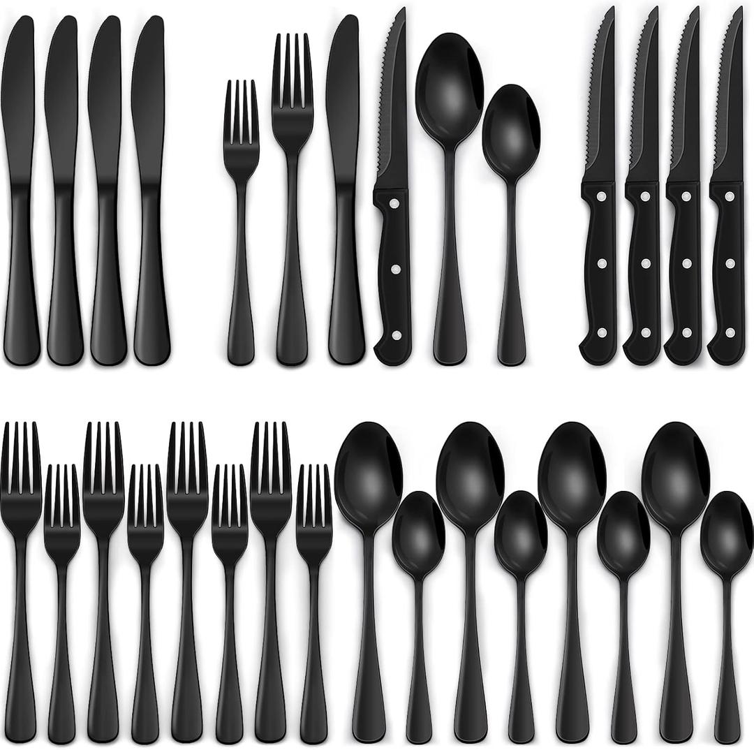 EWFEN 24-Piece Silverware Set with Steak Knives, Food-Grade Stainless Steel Tableware Cutlery Set for 4, Mirror Finished Flatware Utensil for Home Restaurant Black